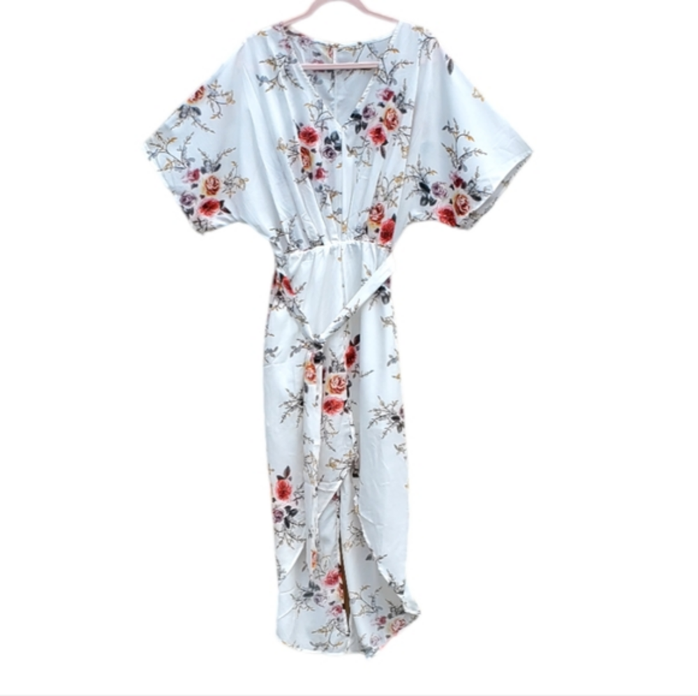 New Women's White Floral Midi Slit Belted Vneck Dress Large NWOT